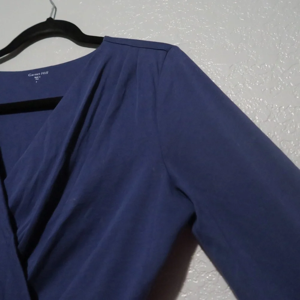 Garnet Hill‎ Mini Dress Pima Cotton V-neck 3/4 Sleeves Navy Blue Versatile